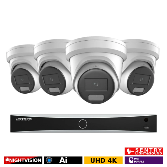 Hikvision overvågningssæt med 4 x 8MP kameraer og 8 kanals optager