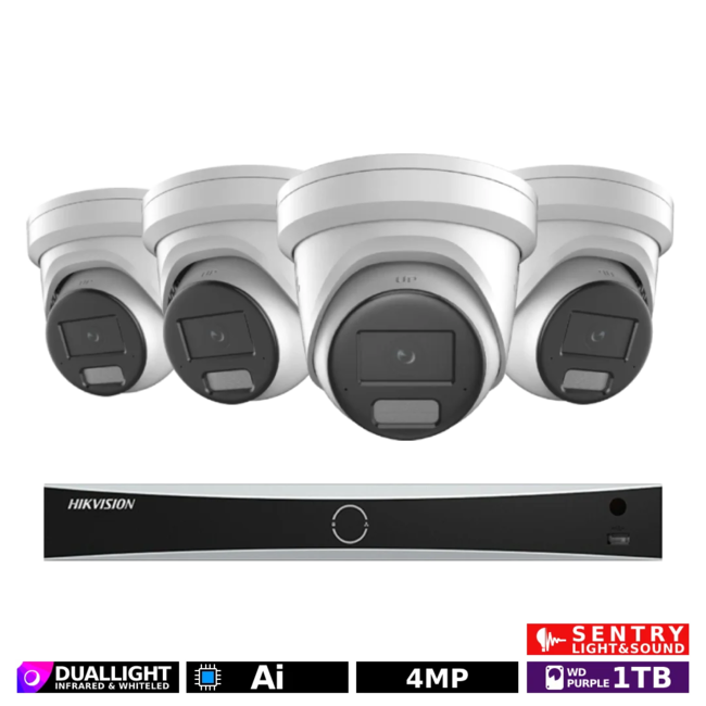Hikvision overvågningssæt med 4 x 4MP 24/7 farve kameraer og 8 kanals optager