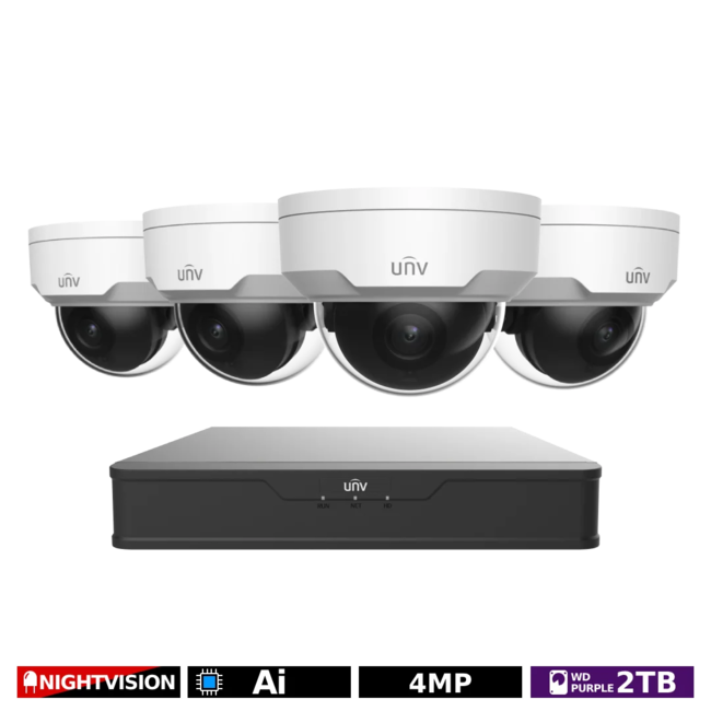 Uniview overvågningssæt med 4 x 4MP dome kameraer og 4 kanals optager